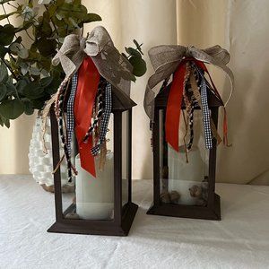 Brown lanterns with festive fall ribbons, set of 2